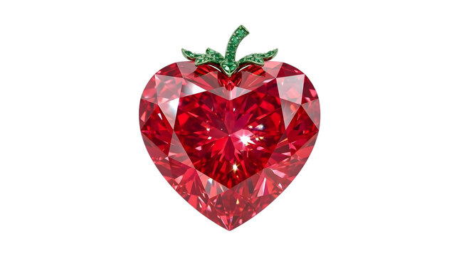 Luxury creative jewelry design of a beautiful sparkling red ruby diamond gemstone shaped like a sweet strawberry with green emerald leaves isolated on transparent png.