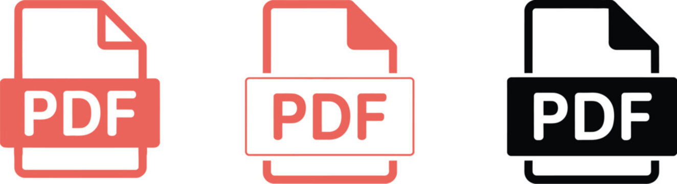 PDF document icon set, three stylized file icons in different colors and outline styles for digital documents download and file management design.