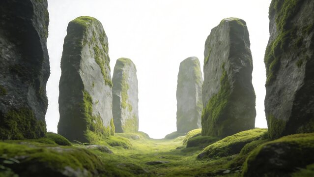 Moss Covered Standing Stone Circle in Misty Ethereal Landscape for Ancient Celtic Heritage and Historical Cultural Tourism Media