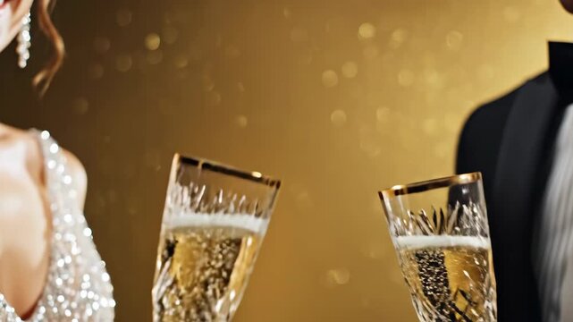 Elegant couple toasting with champagne glasses at celebration. Close-up of man and woman clinking crystal flutes on golden background. New Year's Eve or wedding party concept