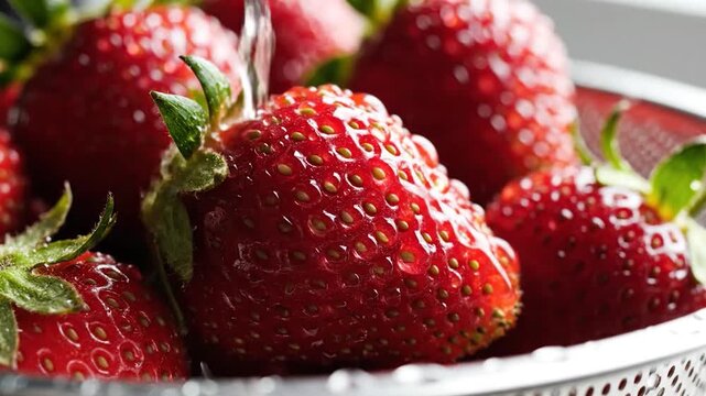 Fresh red berries are being rinsed in a metal colander with water