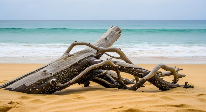 Natural weathered driftwood with barnacles resting on a sandy beach with ocean waves in the background