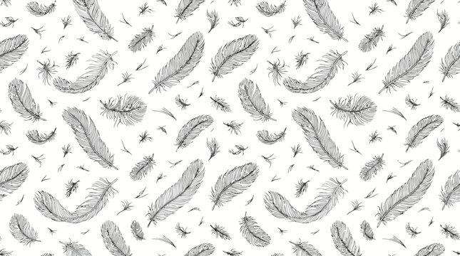 Vintage hand drawn feather seamless pattern featuring detailed pen and ink sketches of various bird plumage scattered across white background for textile design wrapping paper and elegant wallpaper.