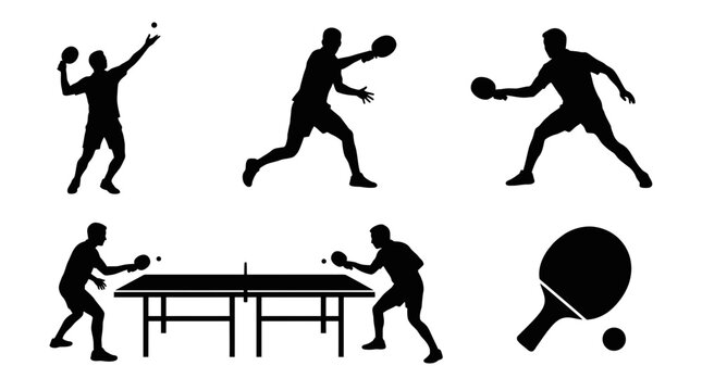 Set of black table tennis player silhouettes on white background