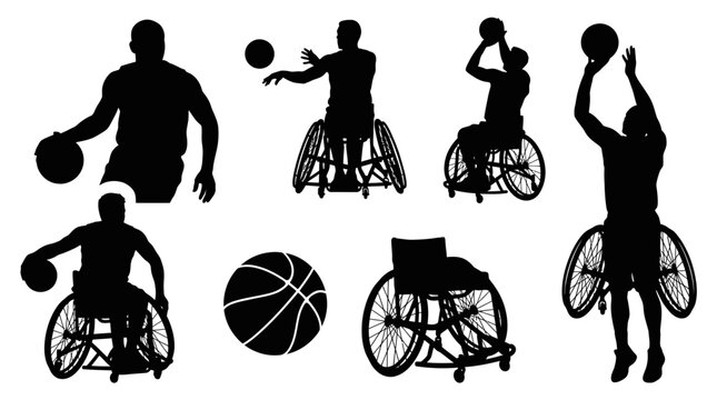 Set of wheelchair basketball player silhouettes playing with ball