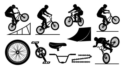 Naklejka premium Collection of BMX bike riding silhouettes and parts vector illustration
