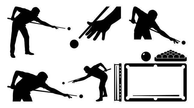 Collection of billiard and pool player silhouettes and gaming elements
