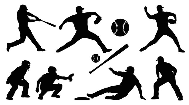 Collection of baseball player silhouettes in various action poses
