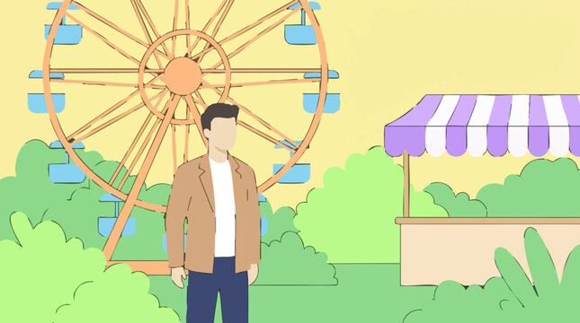 Man in a park with a Ferris wheel and concession stand, flat illustration