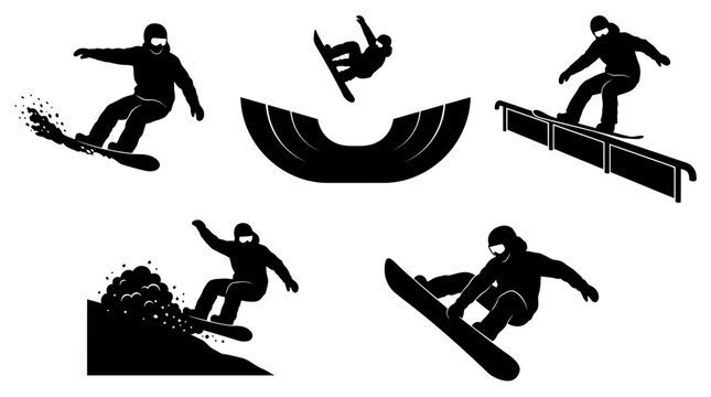Collection of extreme snowboarder silhouettes performing various winter sports tricks