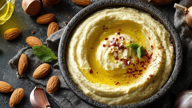 Creamy Mediterranean hummus, healthy vegan chickpea dip with olive oil and fresh spices