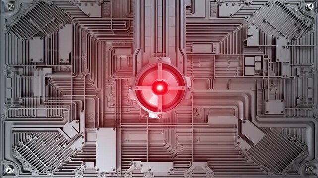 画面全体を覆うアルミニウムと樹脂の光学インフラ基盤と赤く発光する中心プリズムの真俯瞰映像