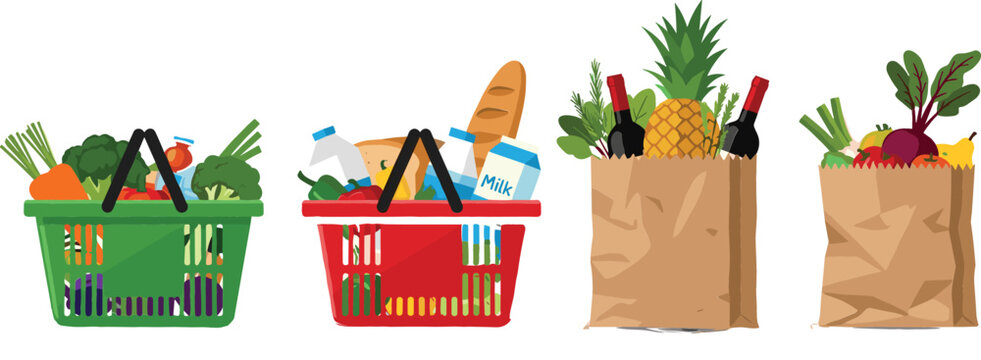 Set of Supermarket Shopping Baskets and Brown Paper Bags Filled with Fresh Groceries Vegetables Fruits and Drinks for Food Delivery and Retail Industry Designs