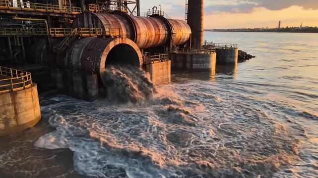 Industrial wastewater discharging from factory pipe into river at sunset. Factory drainage pouring liquid waste into the environment during golden hour.