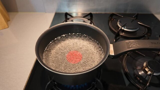 Water Boiling in a Saucepan on a Gas Stove Blue Flame