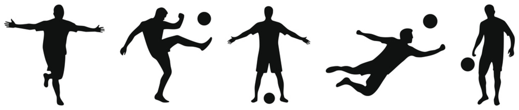 Football player silhouette vector set. Soccer player black flat icons.