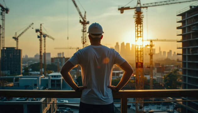 Rear view a man in a construction helmet stands and looks at a construction site with cranes