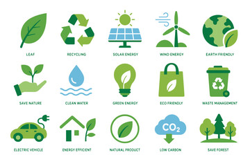 Fototapeta premium Eco-Friendly Icons: A vibrant array of environmentally conscious icons, symbolizing sustainability, renewable energy, and eco-friendly practices.