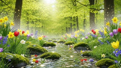 Fototapeta premium vibrant spring garden pond with blooming tulips and water fountain in sunlight