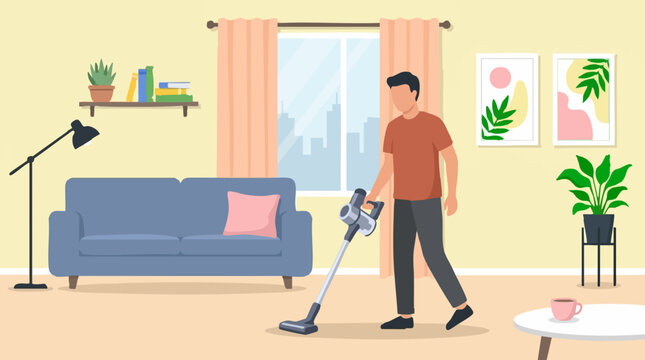Man vacuuming living room, doing housework and cleaning home interior