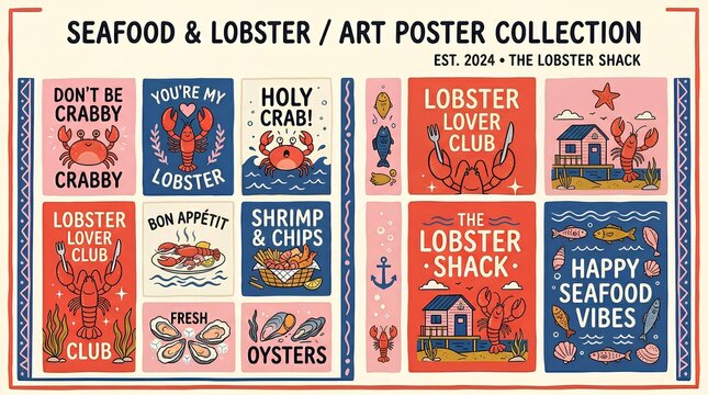 A retro-inspired flat vector poster collection featuring seafood and lobster-themed illustrations
