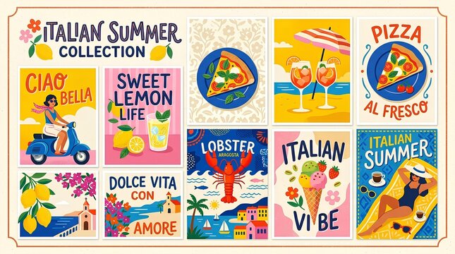 A retro-inspired flat vector poster collection with Italian summer themes, arranged in a grid of artistic cards