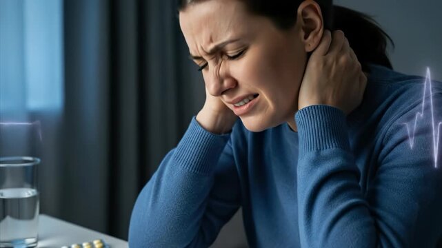 A woman enduring severe migraine headache and neck pain, experiencing intense stress and muscle spasm, battling illness or flu symptoms at home
