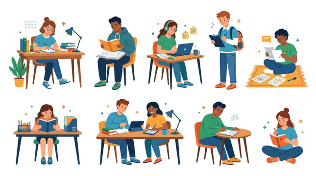 Diverse students studying and reading books at desks and on the floor.