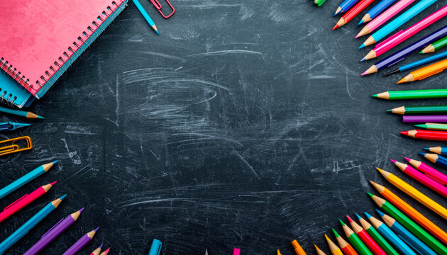 Colorful pencils and stationery on a slate table with a place for text