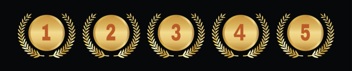Set of golden laurel wreath medals with numbers 1 to 5. Luxury award icons and ranking symbols isolated on black background for competition winners and achievements. © Maulida