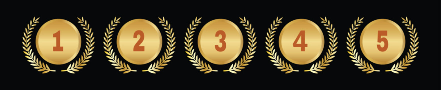 Set of golden laurel wreath medals with numbers 1 to 5. Luxury award icons and ranking symbols isolated on black background for competition winners and achievements.