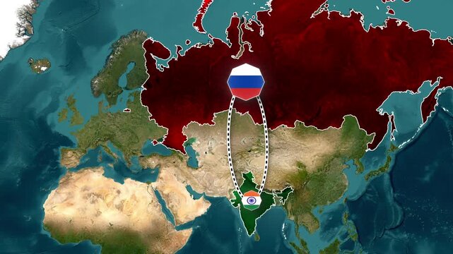 World map showing the connection between Russia and India with flags
