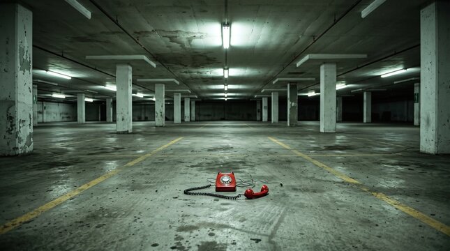 Abandoned red rotary phone on a dark, desolate parking garage floor with receiver off the hook, evoking eerie mystery and forgotten communication