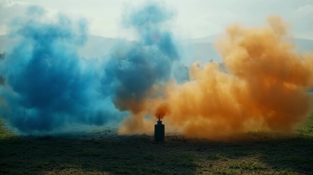 Person standing amid dense colored smoke clouds outdoor