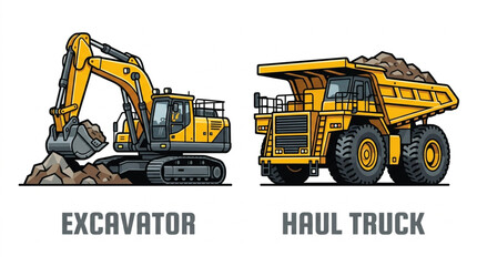 Excavator and Haul Truck heavy construction machinery illustration. © Hendra