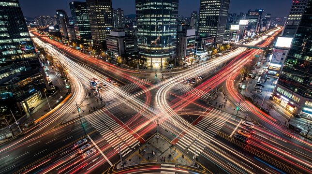Abstract light trails from cars at a bustling city intersection at night