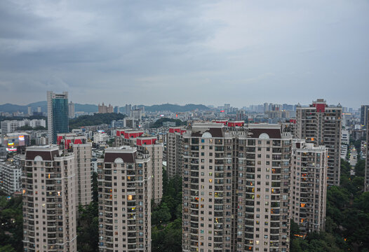 Heavy rainfall hits Jiangmen City,South China&rsquo;s Guangdong Province.The city with dark clouds covering the sky.