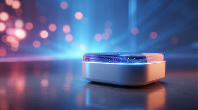 Futuristic AI desktop terminal with matte ceramic and brushed metal finish, holographic panel, neon blue-purple and amber cinematic lighting. High-end 3D render with ample negative space, ideal...
