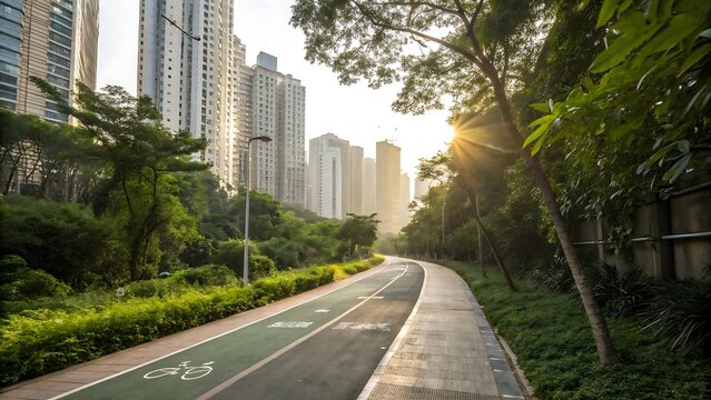 Empty paved cycling path in a modern city setting with lush greenery and tall skyscrapers at golden sunset