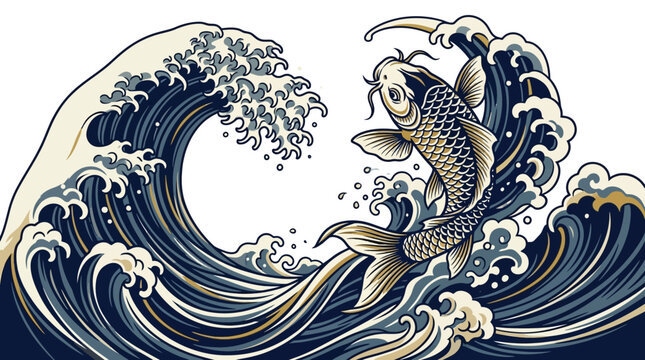 A large koi fish jumps out of a crashing ocean wave in a dynamic illustration.