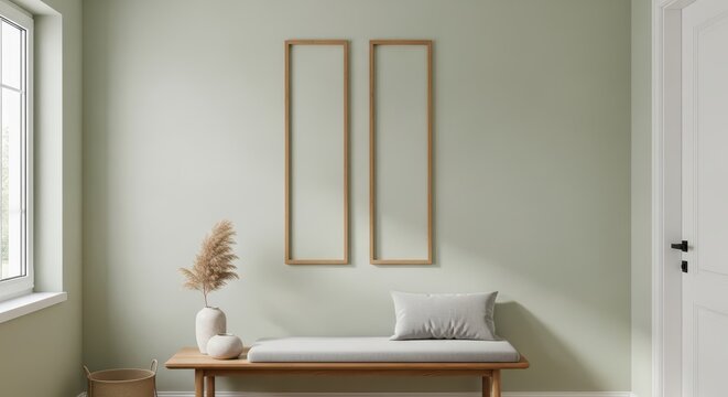 A serene and minimalist room with a wooden bench, vase, and picture frames on a light green wall