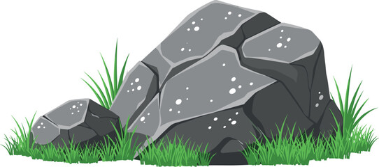 Cartoon Grey Rock Boulder with Green Grass Decoration for Nature Landscape, Game Environment, and Outdoor Scene Design © MstSuraiya