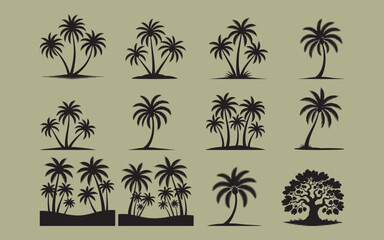 Obraz premium Collection of black palm tree silhouettes on a green background