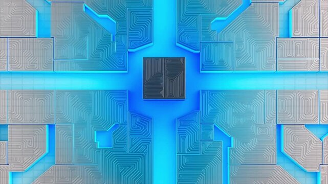 フロストチタンのデータストレージ基盤と青く発光する中央チップの真俯瞰映像