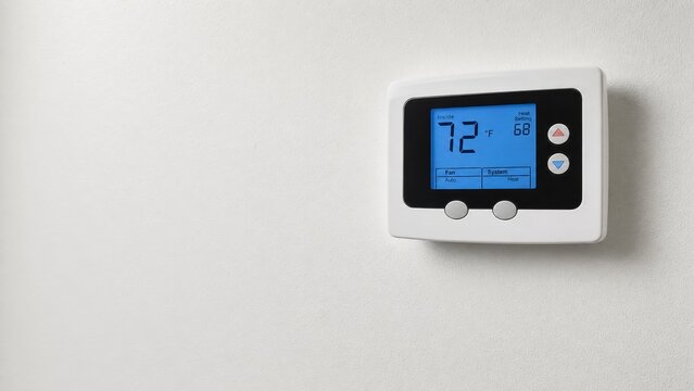 Digital programmable thermostat on white wall showing temperature display