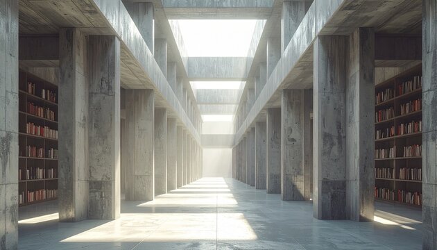 Concrete Library- Giant concrete pillars, sunlight falling through narrow 