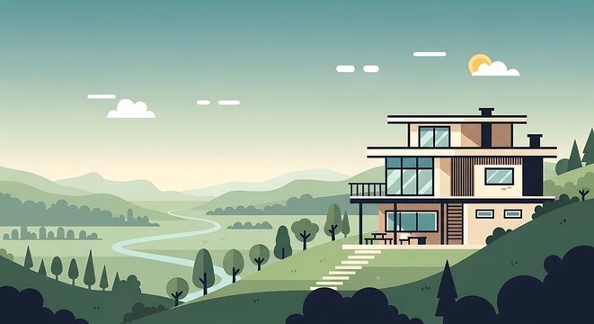 Modern House on Hillside with Scenic Landscape and Lush Greenery.