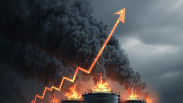 Fiery chart arrow depicting rapidly increasing costs and financial strain, rising above burning fuel storage tanks emitting heavy black smoke into a dark, cloudy sky