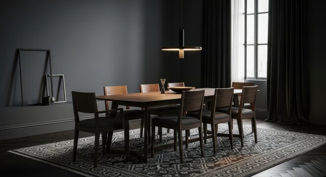 Modern dining room with wooden table and chairs on patterned rug in dark interior