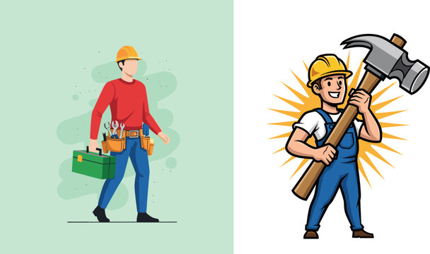 Professional construction workers illustration set with handyman holding toolbox and hammer isolated on clean background for industrial service branding design